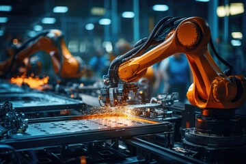 Fototapete - Robotic arm for electronic assembly line. Smart modern factory automation using advanced machines.