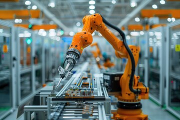 Fototapete - Robotic arm for electronic assembly line. Smart modern factory automation using advanced machines.
