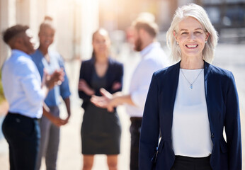 Canvas Print - Outdoor, lawyer and portrait of mature woman in city for justice, confidence or legal advice. Career, happiness and corporate attorney with colleagues for support, professional or advocate at court