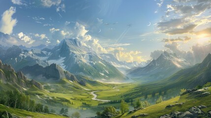 Wall Mural - Picture a stunning mountainous terrain with a meandering asphalt road cutting through the valley overlooked by the sun and moon painting the sky This scene embodies the concept of the chang