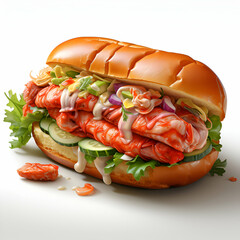 Wall Mural - Hot dog with shrimps and salad on a white background.