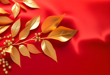 Wall Mural - A gold branch with shiny leaves on a red background