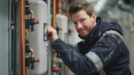 Wall Mural - A plumber fitting a continuous flow hot water system in a residential tower.