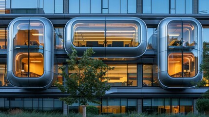 Wall Mural - An office building with a facade featuring suspended pod meeting rooms.