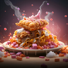 Wall Mural - Waffle with cream and candies on a wooden table. 3d rendering