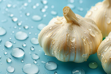 Wall Mural - Fresh Garlic Bulbs with Water Droplets