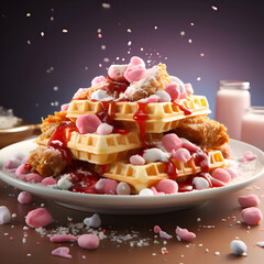 Wall Mural - Belgian waffles with ice cream and strawberry sauce on a plate