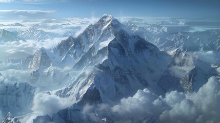 Wall Mural - Aerial view of Mount Everest in the Himalayas, showcasing its towering peak surrounded by snow-covered mountains and glaciers.     
