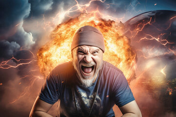 A man is screaming in front of a large explosion caused by a cyber attack on a computer network