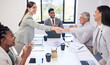 © peopleimages.com - Office, handshake and business people with agreement for teamwork, partnership and networking. B2b, deal and professional employee with thank you, welcome and support in cooperation in workplace
