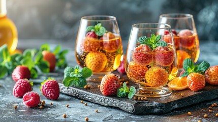 Wall Mural -   A couple of glasses filled with liquid next to strawberries and raspberries on top of a cutting board