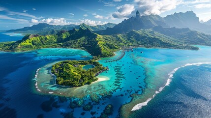 Wall Mural - Aerial view of Bora Bora in French Polynesia, with its turquoise lagoon, coral reefs, and overwater bungalows surrounded by the Pacific Ocean.     