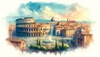 a watercolor painting of Rome, Italy, featuring iconic landmarks such as the Colosseum, the Vatican, and the Trevi Fountain. The painting captures the city's historical beauty in a panoramic view.