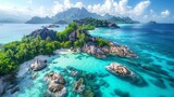 Aerial view of the Seychelles, with its granite boulders, turquoise waters, and lush tropical vegetation on the Indian Ocean islands.     