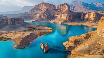 Wall Mural - Aerial view of the Band-e Amir National Park in Afghanistan, showcasing its stunning blue lakes, surrounded by rugged mountains and unique rock formations.     