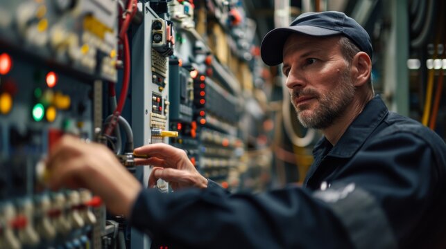 A mechanic programming a digital control system for a factory automation line.
