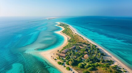 Canvas Print - Aerial view of the Sir Bani Yas Island in UAE, featuring the wildlife reserve with free-roaming animals, lush vegetation, and surrounding turquoise waters.     