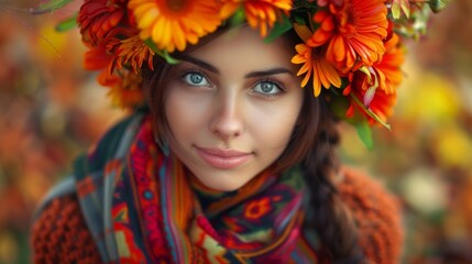 Wall Mural -  A close-up of a person wearing a wreath of flowers on her head and a scarf draped around her neck