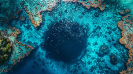 Wall Mural - Aerial view of the Blue Hole in Belize, showcasing the deep blue circular sinkhole surrounded by vibrant coral reefs and turquoise waters.     