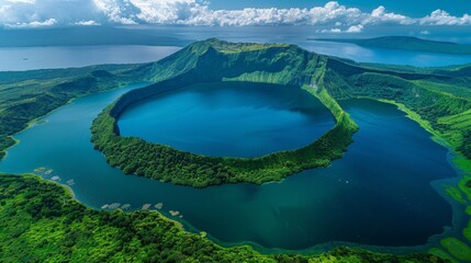 Wall Mural - Aerial view of the Taal Volcano in the Philippines, with its stunning crater lake set within a larger lake, surrounded by lush green landscapes.     