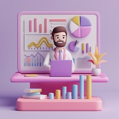 Poster - 3D Cartoon Businessman Conducting Market Research A businessman conducting in-depth market research on his laptop, AI Generative