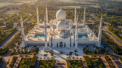 Wall Mural - Aerial view of the Sheikh Zayed Grand Mosque in Abu Dhabi, UAE, featuring its stunning white domes and minarets surrounded by landscaped gardens.     