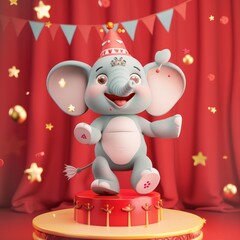 Wall Mural - A 3D cartoon elephant performing in a circus, AI Generative