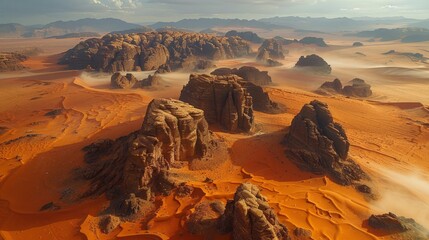 Wall Mural - Aerial view of the Wadi Rum in Jordan, showcasing its vast desert landscape, dramatic rock formations, and the iconic Seven Pillars of Wisdom.     