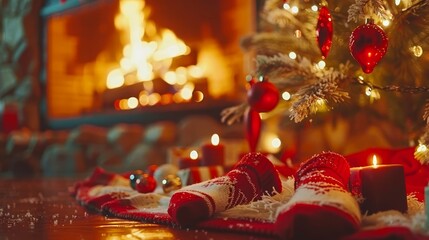 Wall Mural -  A tight shot of slippers beside a Christmas tree and a lit fireplace