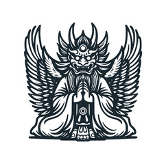 Wall Mural - The Hannya Japanese with wings. Black white vector logo illustration. 