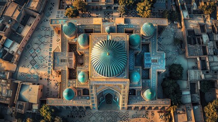 Wall Mural - Aerial view of the Bibi-Khanym Mosque in Samarkand, Uzbekistan, with its grand blue domes and intricate tilework set against a vibrant cityscape.     