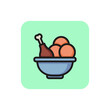 Line icon of bowl with chicken leg and zrazy. Meal, Scottish eggs, meat food. Dish concept. For topics like national cuisine, food, menu