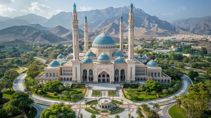 Wall Mural - Aerial view of the Sultan Qaboos Grand Mosque in Muscat, Oman, featuring its grand white marble dome, minarets, and beautifully landscaped gardens.     