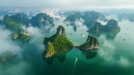 Wall Mural - Aerial view of the Ha Long Bay in Vietnam, featuring its emerald green waters dotted with towering limestone karsts and lush islets.     