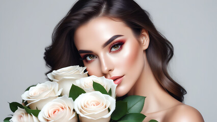 Wall Mural - Beautiful white girl with flowers. Stunning brunette girl with big bouquet flowers of roses. Closeup face of young beautiful woman with a healthy clean skin. Pretty woman with bright makeup