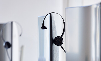 Poster - Call center, headset and computer in office for customer support, consulting or telemarketing. Empty, contact us and equipment with desktop for communication, assistance or service after hours