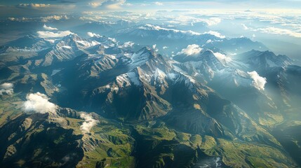 Wall Mural - Aerial view of the Pyrenees Mountains in Spain and France, showcasing the dramatic peaks, green valleys, and picturesque mountain villages.     