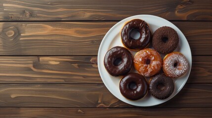 Canvas Print - Celebrate National American Donut Day with a tempting display of chocolate and glazed donuts resting on a pristine white plate atop a rich dark wooden surface