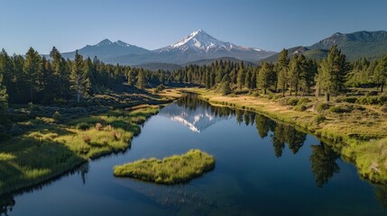 Wall Mural - Aerial view of the Mount Shasta in California, USA, showcasing the snow-capped volcanic peak, surrounding forests, and alpine meadows.     