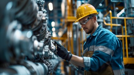 Wall Mural - A factory mechanic checking the oil level in heavy machinery.