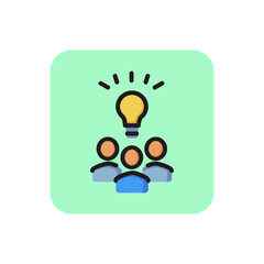 Sticker - Brainstorming line icon. Team, bulb, new idea. Teamwork concept. Can be used for topics like eureka, meeting, startup.