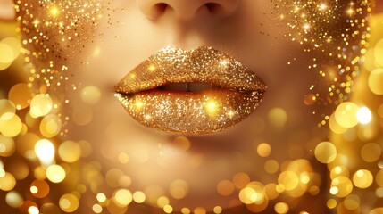 Wall Mural -  A tight shot of a woman's face adorned with gold glitter on her lips