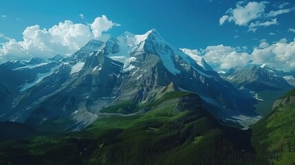 Canvas Print - Aerial view of the Mount Robson in British Columbia, Canada, featuring the snow-capped peak, surrounding glaciers, and lush forests.     