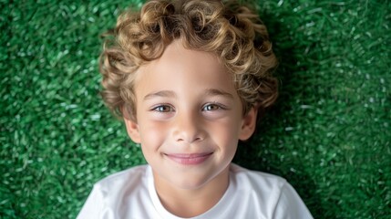 Wall Mural -  A young boy lies on a lush, green grassfield, wearing a white shirt and smiling at the camera