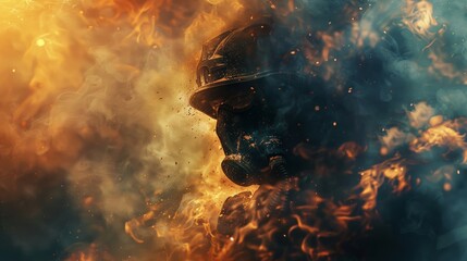 A firefighter is wearing a mask and standing in front of a fire