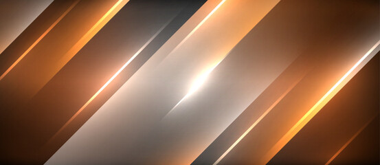 Poster - A striking pattern of amber and black lines on a dark background, resembling automotive lighting. The light in the middle creates a warm glow against the hardwood flooring and metal ceiling