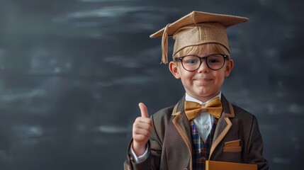 Wall Mural -  A young boy in graduation cap, book in hand, gives a thumbs-up in front of chalkboard