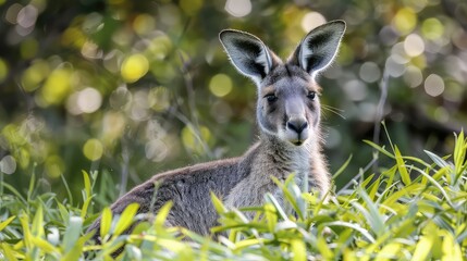 Sticker - Intimate moment captured as a Western Grey Kangaroo nibbles on fresh grass, its curious gaze and gentle demeanor reflecting the peacefulness of the natural world.