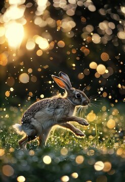 Enigmatic capture of European hares darting through the grass, their agile movements and graceful leaps highlighted by the sparkling bokeh lights in the background.