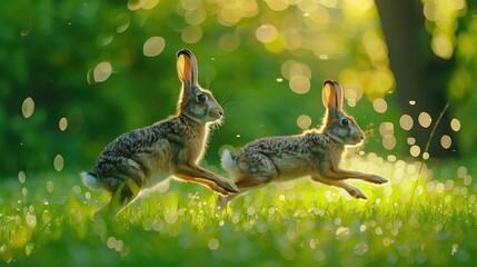 Canvas Print - Enchanting image of European hares bounding through a lush green field, their graceful movements illuminated by the sparkling bokeh lights dancing in the background.
